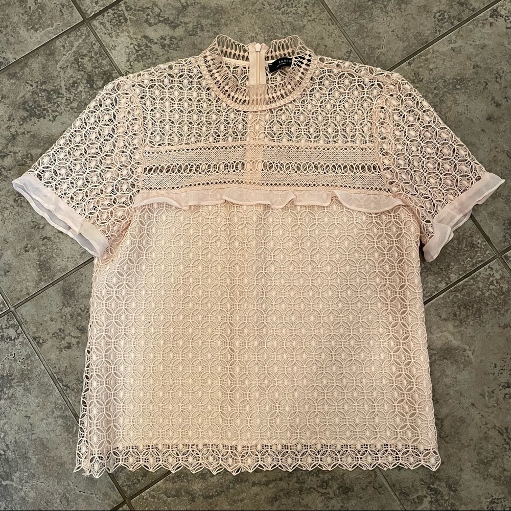 ZARA WOMAN Crochet Lace High Collar Pale Pink Blouse